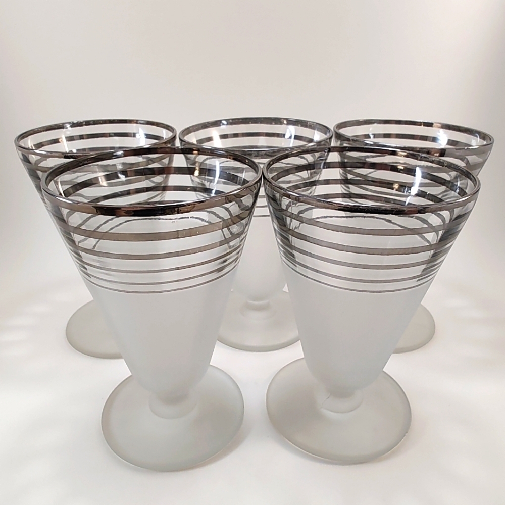 Vintage Sundae Parfait Glasses Frosted with Silver Stripes Set of 5 MCM Luxury